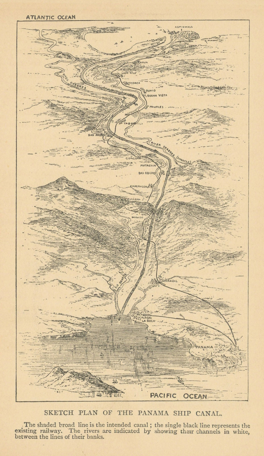 Sketch plan of the Panama Ship Canal 1889 old antique vintage print picture